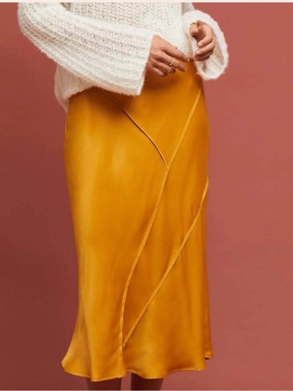 Anthropologie Saturday Sunday | Women’s Mustard Satin Exposed Hem Valora Skirt L